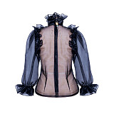 Fondcosplay Handmade Lockable Organza Sheer Blouse with Ruffles and Bow – Black [G3870]