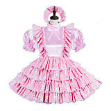 Fondcosplay Handmade Lockable Sissy Maid Crossdressing Satin Dress with Ruffle Layers – Pink [G3822]