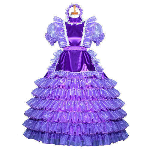 Fondcosplay Handmade Lockable Sissy Maid Crossdressing Satin & Organza Long Ruffle Dress – Purple [G3851]