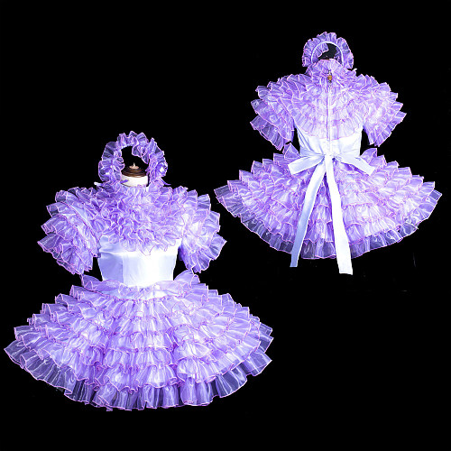Fondcosplay Handmade Lockable Sissy Maid Crossdressing Satin & Organza Dress – Lavender [G3845]
