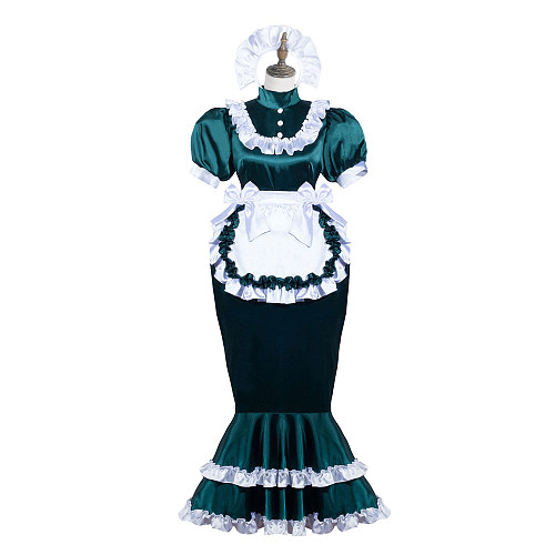 Fondcosplay Handmade Lockable Sissy Maid Crossdressing Satin Long Dress – Green & White [G3824]