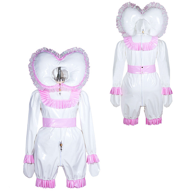 Fondcosplay Lockable Sissy Baby Romper White & Pink Heavy PVC Crossdressing Outfit with Heart Bonnet [G3901]