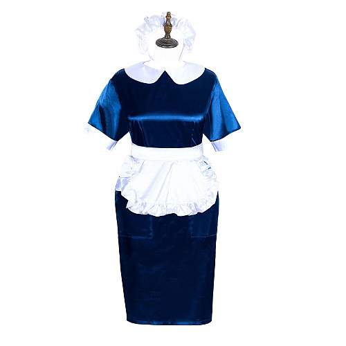 Fondcosplay Sissy Maid Dress Navy Blue & White Satin Crossdressing Outfit [G3887]