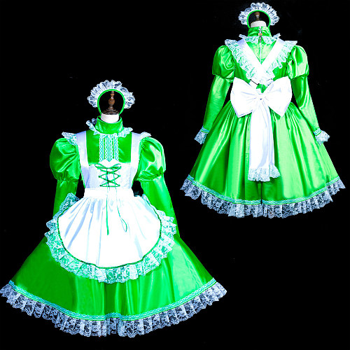 Fondcosplay Handmade Lockable Sissy Maid Crossdressing Satin Dress – Green & White [G3840]