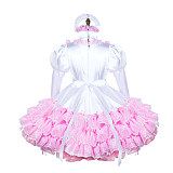 Fondcosplay Handmade Lockable Sissy Maid Crossdressing Organza & Satin Dress – White & Pink [G3826]