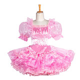 Fondcosplay Handmade Lockable Sissy Maid Crossdressing Satin & Organza Ruffle Dress with Waist Belt – Pink [G3860]
