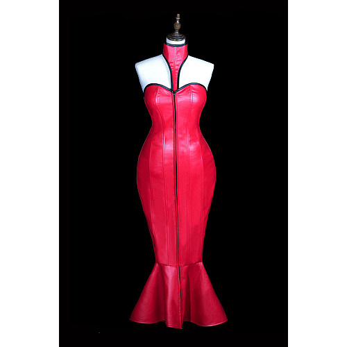 Fondcosplay Handmade Crossdressing Faux Leather Mermaid Long Dress – Red [G3837]