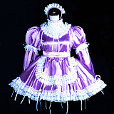 Fondcosplay Handmade Lockable Sissy Maid Crossdressing Satin Dress – Purple & White [G3847]