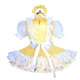 Fondcosplay Lockable Sissy Maid Dress Yellow & White Satin Organza Crossdressing Outfit [G3899]