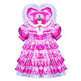 Fondcosplay Lockable Sissy Maid Crossdressing Hot Pink Dot Satin Ruffled Dress with Heart Bonnet [G3872]