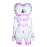 Fondcosplay Lockable Sissy Baby Romper White & Pink Heavy PVC Crossdressing Outfit with Heart Bonnet [G3901]