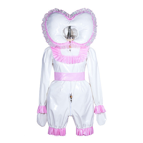 Fondcosplay Lockable Sissy Baby Romper White & Pink Heavy PVC Crossdressing Outfit with Heart Bonnet [G3901]