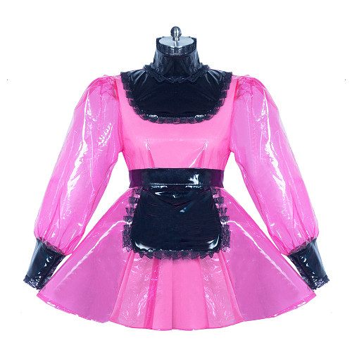 Fondcosplay Handmade Lockable Sissy Maid Crossdressing Clear PVC Dress – Hot Pink & Black [G3863]