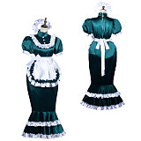Fondcosplay Handmade Lockable Sissy Maid Crossdressing Satin Long Dress – Green & White [G3824]