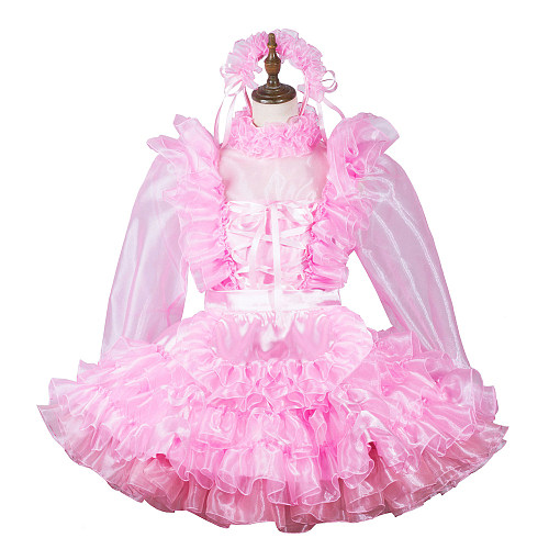 Fondcosplay Handmade Lockable Sissy Maid Crossdressing Organza & Satin Dress – Pink [G3821]