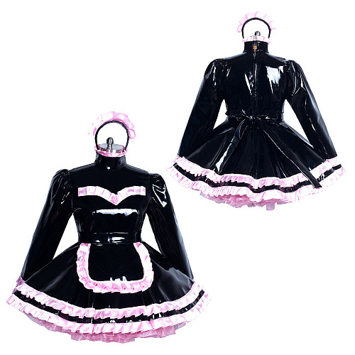 Fondcosplay Handmade Lockable Heavy PVC Sissy Maid Dress with Apron and Headpiece – Black & Pink [G3869]