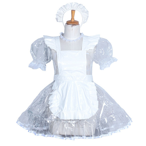 Fondcosplay Handmade Lockable Sissy Maid Crossdressing Clear PVC Dress – Transparent White [G3856]