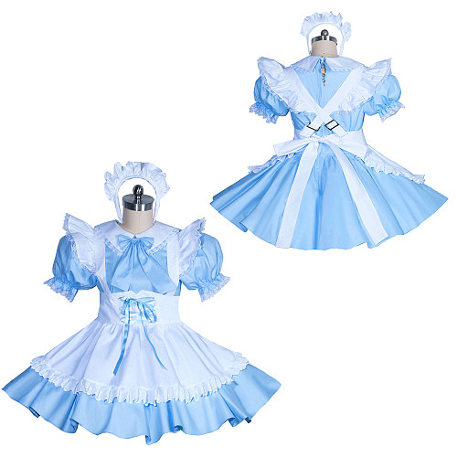 Fondcosplay Lockable Sissy Maid Dress Light Blue & White Cotton Crossdressing Outfit [G3886]