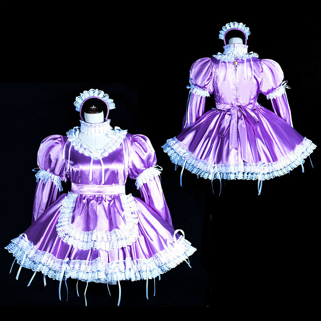 Fondcosplay Handmade Lockable Sissy Maid Crossdressing Satin Dress – Purple & White [G3847]
