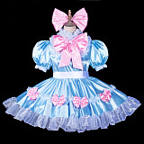 Fondcosplay Handmade Lockable Sissy Maid Crossdressing Satin Dress with Bows – Blue & Pink [G3836]