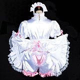 Fondcosplay Handmade Lockable Sissy Maid Crossdressing Satin Dress with Optional Petticoat, Bloomers & Bag – White & Pink [G3835]
