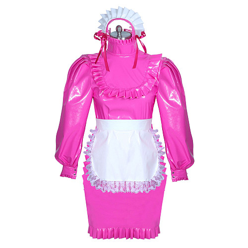 Fondcosplay Lockable Sissy Maid Dress Hot Pink Thin PVC Crossdressing Outfit [G3888]