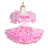 Fondcosplay Handmade Lockable Sissy Maid Crossdressing Satin & Organza Ruffle Dress with Waist Belt – Pink [G3860]