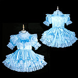 Fondcosplay Handmade Lockable Sissy Maid Crossdressing Satin Dress with Lace – Blue & White [G3838]