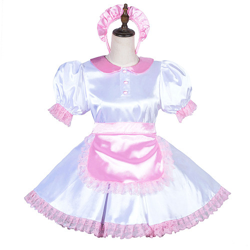 Fondcosplay Handmade Lockable Sissy Maid Crossdressing Satin Dress – White & Pink [G3819]