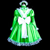 Fondcosplay Handmade Lockable Sissy Maid Crossdressing Satin Dress – Green & White [G3840]