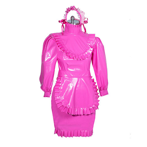 Fondcosplay Lockable Sissy Maid Dress Hot Pink Thin PVC Crossdressing Outfit [G3877]