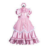 Fondcosplay Handmade Lockable Sissy Maid Crossdressing Satin Long Dress with Apron – Pink [G3865]