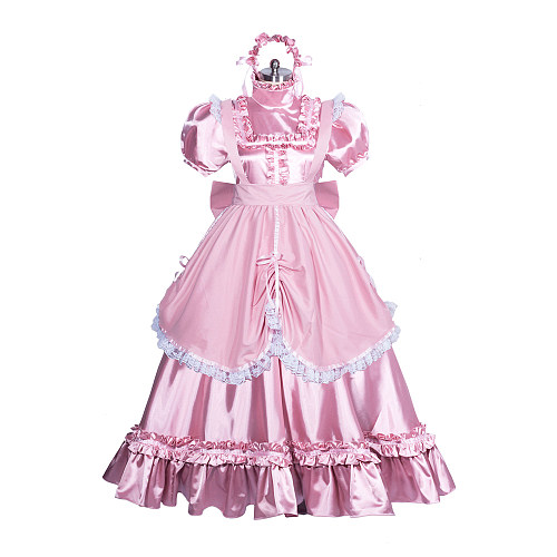 Fondcosplay Handmade Lockable Sissy Maid Crossdressing Satin Long Dress with Apron – Pink [G3865]