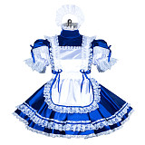 Fondcosplay Lockable Sissy Maid Dress Royal Blue & White Satin Crossdressing Outfit [G3891]