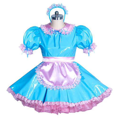 Fondcosplay Handmade Lockable Thin PVC Sissy Maid Dress with Apron and Headpiece – Blue & Pink [G3868]