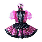Fondcosplay Handmade Lockable Sissy Maid Crossdressing Heavy PVC & Clear PVC Dress – Black & Hot Pink [G3818]
