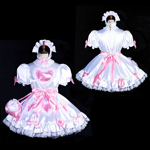 Fondcosplay Handmade Lockable Sissy Maid Crossdressing Satin Dress with Optional Petticoat, Bloomers & Bag – White & Pink [G3835]