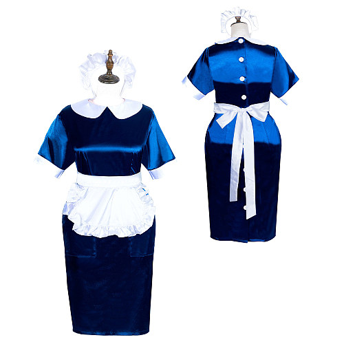 Fondcosplay Sissy Maid Dress Navy Blue & White Satin Crossdressing Outfit [G3887]