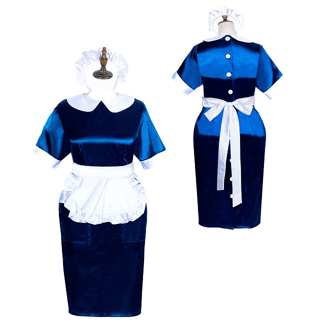 Fondcosplay Sissy Maid Dress Navy Blue & White Satin Crossdressing Outfit [G3887]