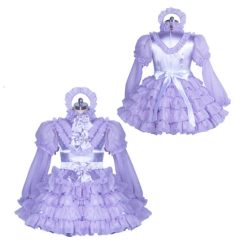 Fondcosplay Lockable Sissy Maid Dress Lavender Satin & Organza Crossdressing Outfit [G3883]
