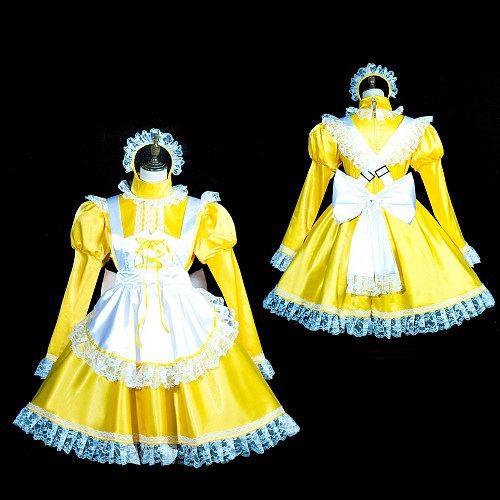 Fondcosplay Handmade Lockable Sissy Maid Crossdressing Satin Dress – Yellow & White [G3841]