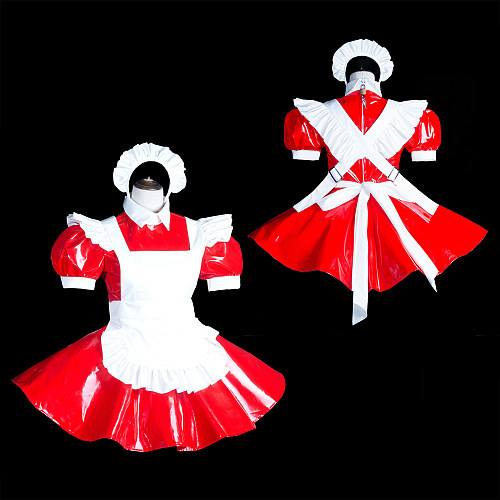 Fondcosplay Handmade Lockable Sissy Maid Crossdressing Thin PVC Dress – Red & White [G3844]