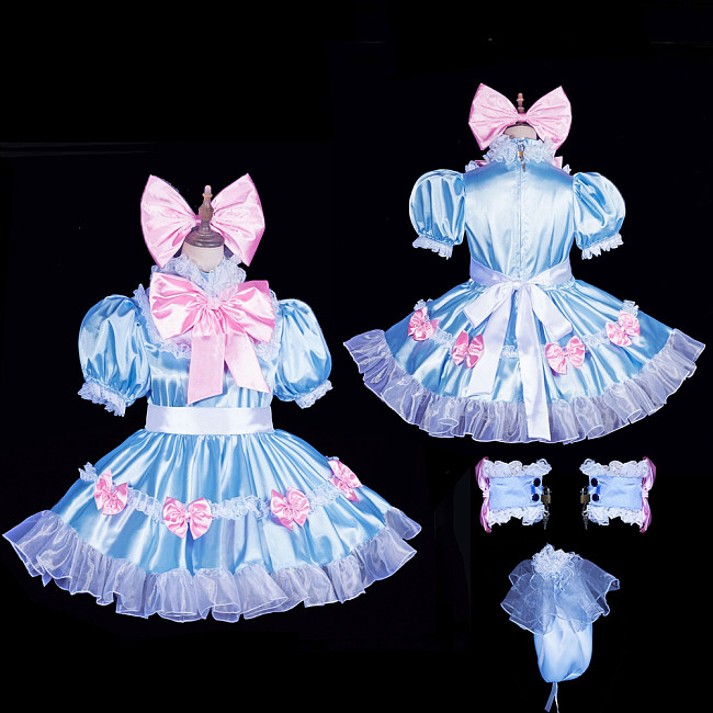 Fondcosplay Handmade Lockable Sissy Maid Crossdressing Satin Dress with Bows – Blue & Pink [G3836]