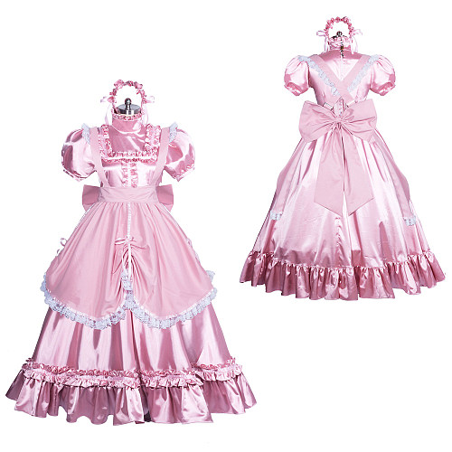 Fondcosplay Handmade Lockable Sissy Maid Crossdressing Satin Long Dress with Apron – Pink [G3865]
