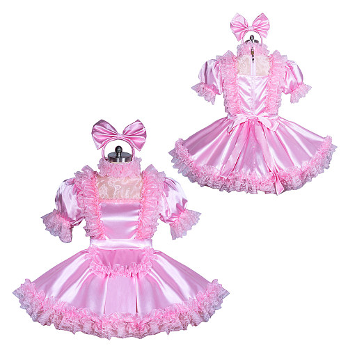 Fondcosplay Lockable Sissy Maid Dress Pink Satin Crossdressing Outfit [G3880]