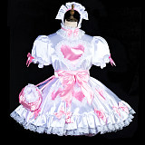 Fondcosplay Handmade Lockable Sissy Maid Crossdressing Satin Dress with Optional Petticoat, Bloomers & Bag – White & Pink [G3835]