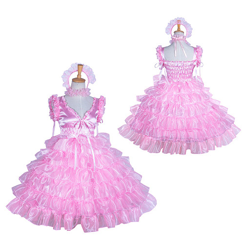 Fondcosplay Sissy Maid Dress Pink Satin & Organza Crossdressing Outfit [G3875]