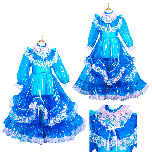 Fondcosplay Handmade Lockable Sissy Maid Crossdressing Clear PVC Long Dress – Blue [G3850]