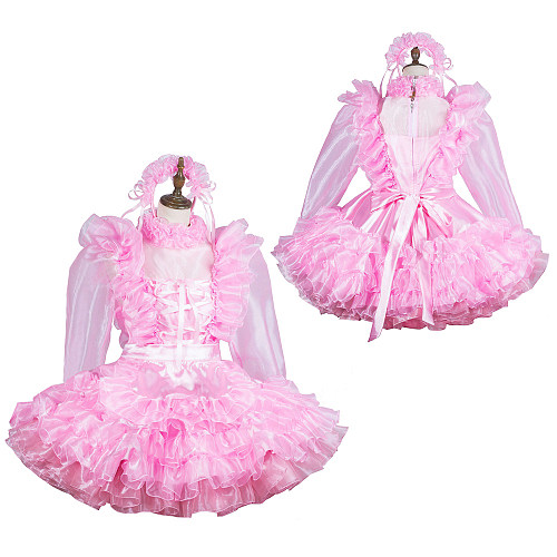 Fondcosplay Handmade Lockable Sissy Maid Crossdressing Organza & Satin Dress – Pink [G3821]