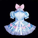 Fondcosplay Handmade Lockable Sissy Maid Crossdressing Satin Dress with Bows – Blue & Pink [G3836]